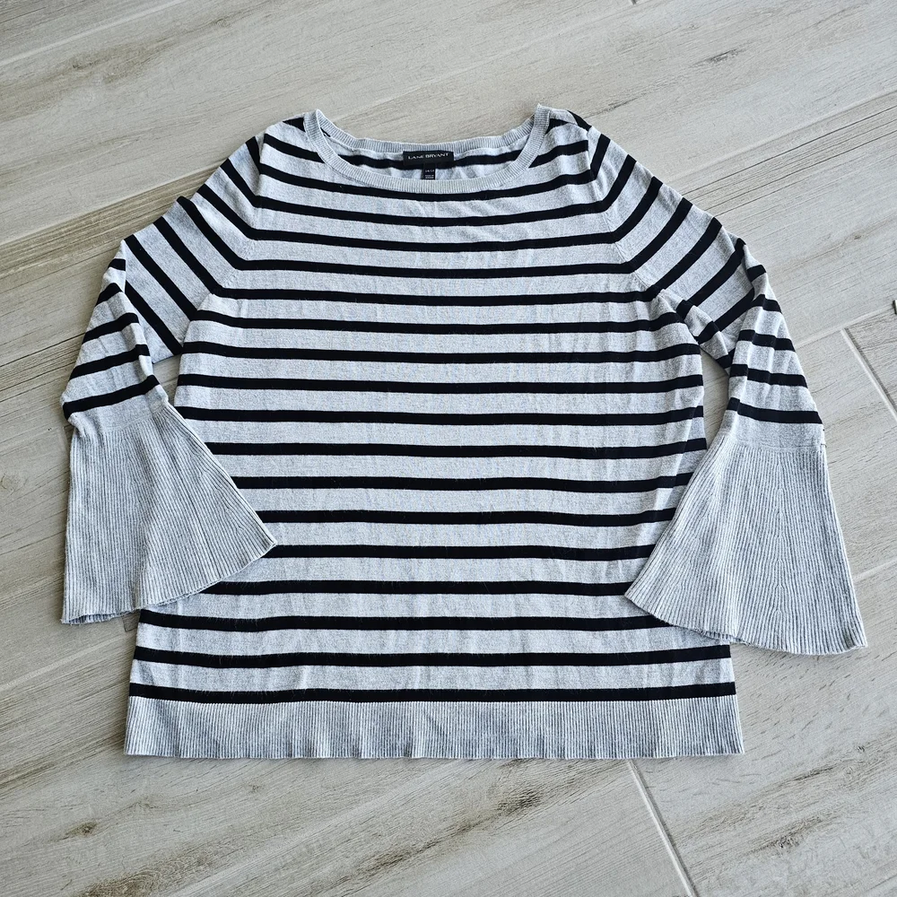 Lane Bryant Gray and Black Striped Sweater With Bell Sleeves Size 14/16 EUC
